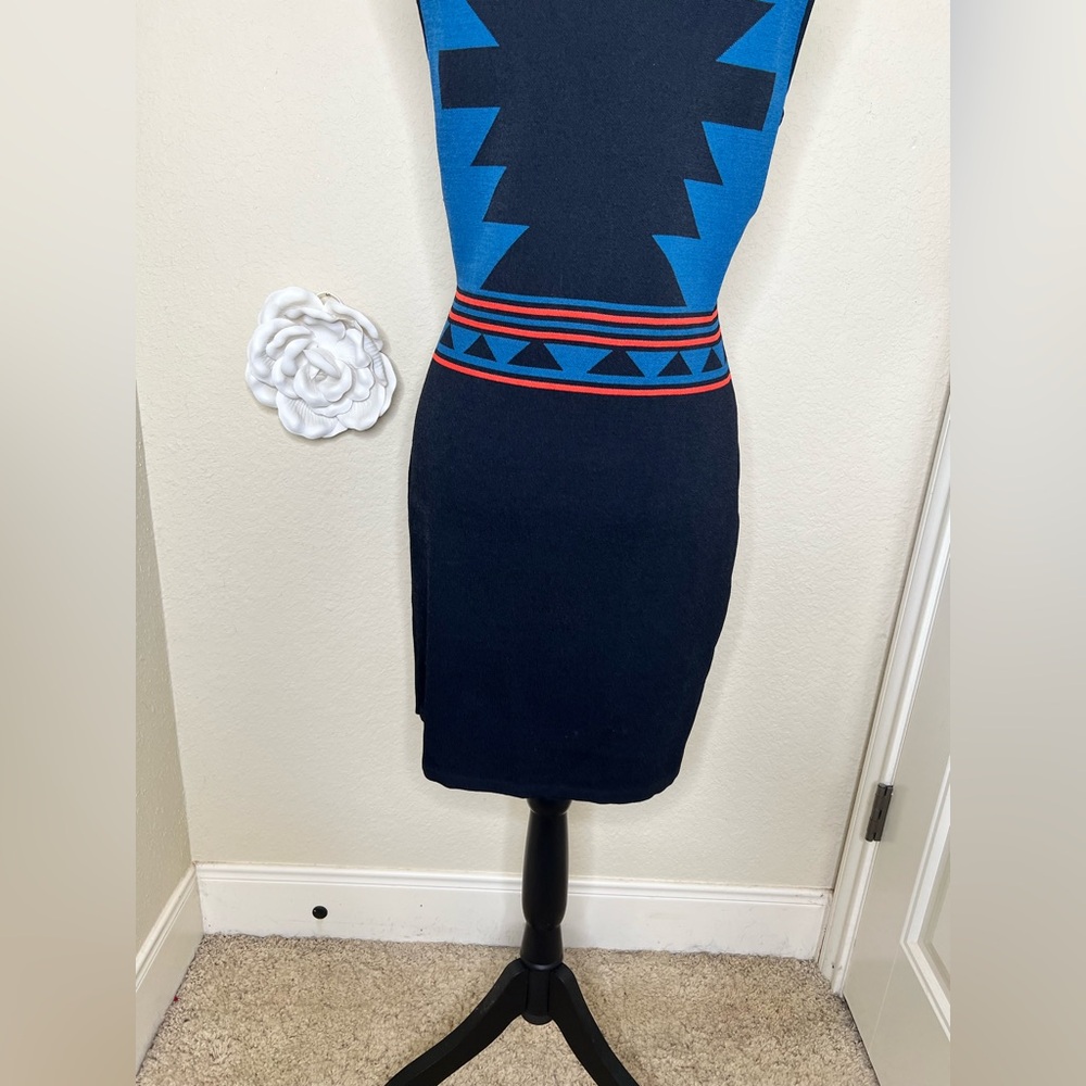 NTM Romeo & Juliet Couture Aztec Bodycon Dress Blue Black Bandage Mini Size L - Picture 14 of 14
